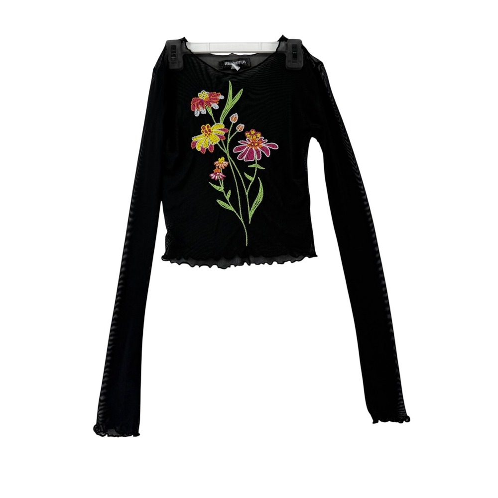Urban Outfitters Embroidered Sheer Mesh Floral Top Womens XSmall Black Neon